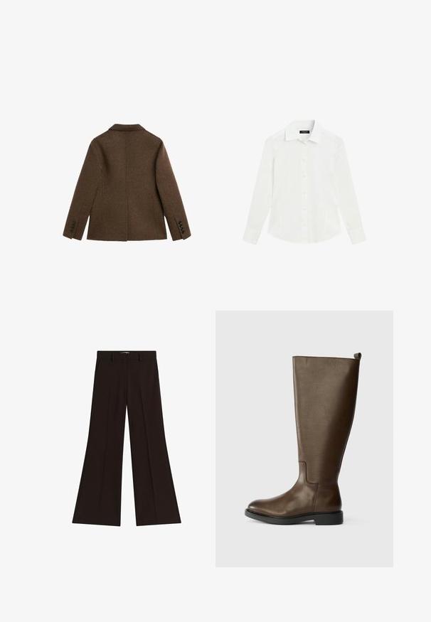 Brun uld blazer jakke vist bagfra med hakket krave og knapmanchetter på en hvid baggrund.; Hvid langærmet skjorte med krave og manchetter, vist fladt på en hvid baggrund.; Sorte højtaljede bukser med brede ben, bæltestropper og sidelommer, lagt fladt på en hvid baggrund.; Brune læderknæstøvle med en glat tekstur, rund tå, lav sort hæl og en trækstrop øverst til nem påklædning.