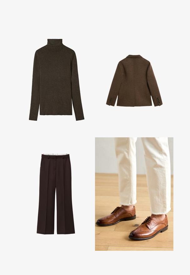 Brun uld blazer jakke vist bagfra med hakket krave og knapmanchetter på en hvid baggrund.; Mørkebrunt turtleneck top lavet af blød, struktureret stof. Har lange ærmer og en tætsiddende pasform, med en glat halsudskæring.; Viddebukser i mørkebrun stof, med høj talje, dobbelte læg og sidelommer. Glat tekstur med bæltestropper.; Brune læder brogue sko med perforerede detaljer, rund tå og en glat overflade, parret med cremede bukser med frynset kant.
