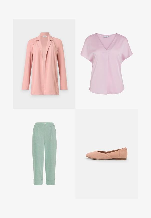 Blazer rose pâle à manches longues, ouvert à l'avant avec col à revers, présenté sur un fond clair uni.; Blouse rose pâle à manches courtes avec un décolleté en V et une coupe ample, en tissu lisse, avec un petit pli décoratif à l'avant.; Pantalons cropped vert clair avec une texture douce, dotés d'un ourlet roulé et de plis à l'avant, conçus pour le confort et une tenue décontractée.; Ballerine en daim rose clair avec un bout rond, un petit talon en bois et un détail de couture sur le côté. Design simple sans matériel visible.