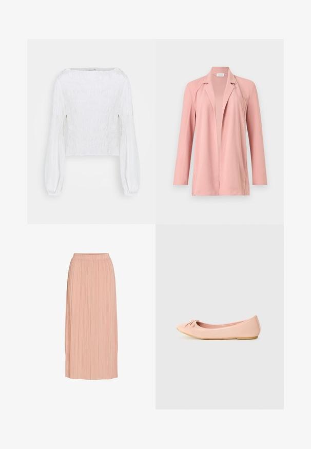 Lichtroze lange mouw blazer met open voorkant en reverskraag, afgebeeld tegen een eenvoudige lichte achtergrond.; Witte blouse met lange mouwen, een geplooid lijfje en pofmouwen die bij de polsen zijn samengepakt, afgebeeld op een effen achtergrond.; Lichtroze geplooide midirok met elastische tailleband, rechte silhouet en fijne verticale plooien op een witte achtergrond.; Balletflat in lichtroze synthetisch materiaal met een ronde neus, voorzien van een klein strikdetail en een flexibele zool.