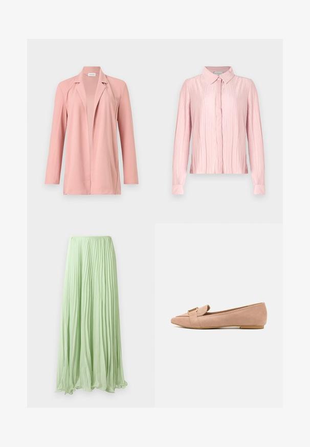 Blazer rose pâle à manches longues, ouvert à l'avant avec col à revers, présenté sur un fond clair uni.; Blouse rose à manches longues avec un col, présentant une texture plissée et un devant à boutons. Tissu lisse avec des poignets contrastants.; Jupe longue plissée vert clair avec un tissu fluide et une taille élastique, présentée sur un fond blanc.; Ballerines en daim rose pâle avec un bout pointu, comportant un détail replié et un accent de boucle dorée. Semelle basse et plate. Texture lisse.