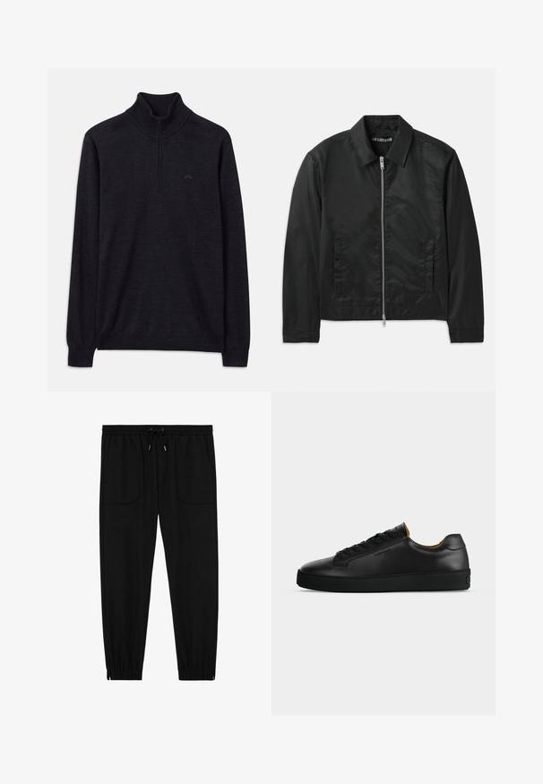 Han Kjøbenhavn BOXY JACKET - Chaqueta de entretiempo - black; Suéter negro de manga larga con cuello alto acanalado y media cremallera, con un logo sutil en el lado izquierdo del pecho.; Pantalones jogger negros con cintura elástica, cordón ajustable, bolsillos frontales de parche y puños elásticos sobre un fondo blanco.; Zapatilla negra de piel de corte bajo con cordones negros, suela de goma texturizada y pequeño logo en relieve en el lateral, mostrada de perfil sobre fondo gris.