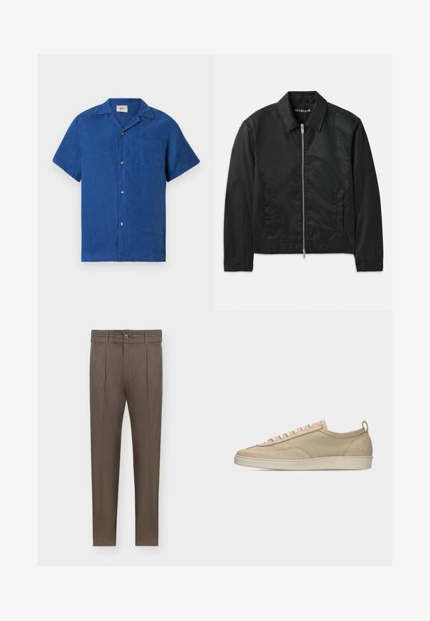 Han Kjøbenhavn BOXY JACKET - Veste mi-saison - black; Chemise bleu à manches courtes avec col camp et poche poitrine, présentée à plat sur un fond blanc.; Pantalon marron pour homme, coupe fuselée, avec plis, passants pour ceinture, fermeture à boutons et poches latérales sur fond blanc.; Baskets beige basses avec tige en tissu et daim, lacets blancs, semelle en caoutchouc et languette à l'arrière, présentées en profil latéral sur fond blanc.