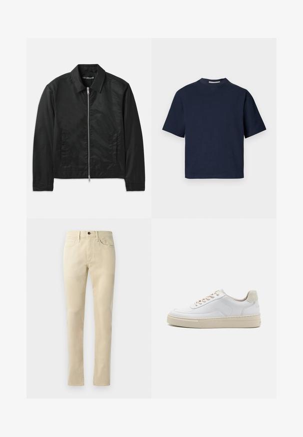Han Kjøbenhavn BOXY JACKET - Übergangsjacke - black; Marineblaues Kurzarm-T-Shirt mit V-Ausschnitt, aus weichem Material, mit lockerer Passform und minimalistischem Design, ohne sichtbare Muster oder Beschläge.; Beige Gerade geschnittene Hosen aus Baumwollmischung. Mit Fünf-Taschen-Design, Gürtelschlaufen und einem schwarzen Knopfverschluss an der Taille.; Weiße Sneaker mit einem glatten Lederobermaterial, beigen Schnürsenkeln und einer strukturierten, beigen Wildleder-Fersenschlaufe. Erhöhte Sohle für zusätzlichen Komfort.