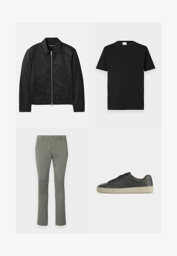 Han Kjøbenhavn BOXY JACKET - Veste mi-saison - black; T-shirt en coton noir avec un col rond et des manches courtes. Présente une coupe droite et un design minimal, avec une étiquette visible au niveau du col.; Chinos gris avec une coupe droite, dotés de deux poches latérales et d'une taille épurée. Fabriqués à partir d'un tissu lisse et léger.; Baskets basses en cuir noir avec lacets noirs et semelle en caoutchouc écrue, vues de côté extérieur sur fond blanc.