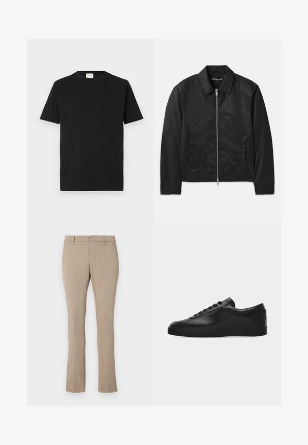 Han Kjøbenhavn BOXY JACKET - Veste mi-saison - black; T-shirt en coton noir avec un col rond et des manches courtes. Présente une coupe droite et un design minimal, avec une étiquette visible au niveau du col.; Pantalons beige en mélange de coton, présentant une coupe slim, une jambe droite, des poches avant et une fermeture éclair avec bouton.; Baskets basses en cuir noir avec lacets sur le devant et semelle en caoutchouc plate, vues de côté sur un fond blanc uni.