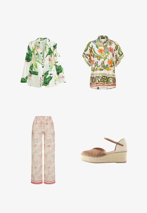 Weißer Blazer mit grünem tropischem Blatt- und Pastellblumenmuster, ein schwarzer Knopfverschluss und zwei vordere Klappentaschen.; Kurzes Hemd zum Zumknöpfen mit bunten Blumen- und Blattmustern auf weißem Hintergrund, mit grünen, roten und orangefarbenen gestreiften Akzenten am Kragen und an den Ärmeln.; Baumwollschlafanzughose mit einem hellbeigen Hintergrund, der ein rotes Toile-Muster zeigt, das ländliche Szenen darstellt. Elastischer Taillenbund und kontrastierender Saum.; Keil-Espadrilleschuh mit brauner Wildleder-Vorderseite, beige geflochtenem Absatz, geflochtener Jute-Plattform und verstellbarem Knöchelriemen mit Schnalle.