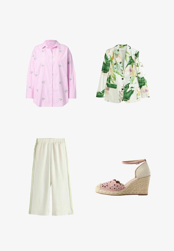 Blazer blanc avec imprimé de feuilles tropicales vertes et fleurs pastel, fermeture par un bouton noir unique et deux poches avant à rabat.; Chemise à rayures roses avec broderie florale, présentant une coupe décontractée et des manches retroussées. Le matériau semble léger avec une texture lisse.; Pantalon crème à jambes larges avec taille élastique et fines bandes latérales bleues et jaunes, présenté sur fond blanc.; Espadrille compensée rose avec motifs floraux découpés, bride à la cheville et talon plateforme en jute tissé.