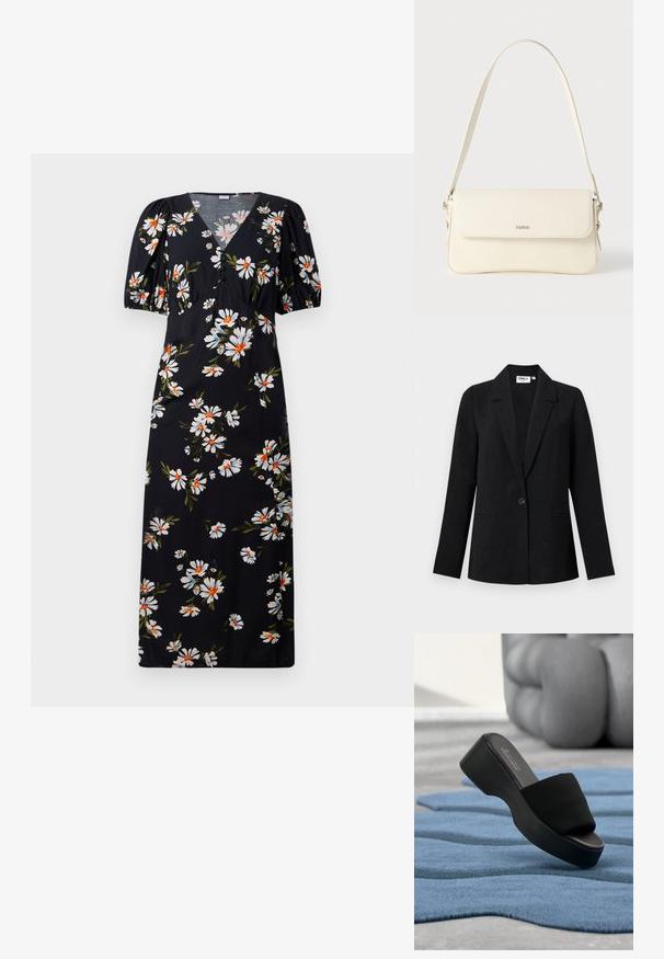 Blazer noir texturé à bouton unique avec revers crantés et deux poches passepoilées à l'avant, présenté sur un fond clair.; Robe longue noire à manches bouffantes, présentant un motif floral blanc et orange. Design à col en V avec des détails froncés au niveau de la poitrine.; Sandale à plateforme noire reposant sur un tapis bleu texturé avec un arrière-plan flou gris rembourré.; Sac à bandoulière en cuir couleur crème avec fermeture à rabat, quincaillerie argentée, une bandoulière réglable et un logo discret.