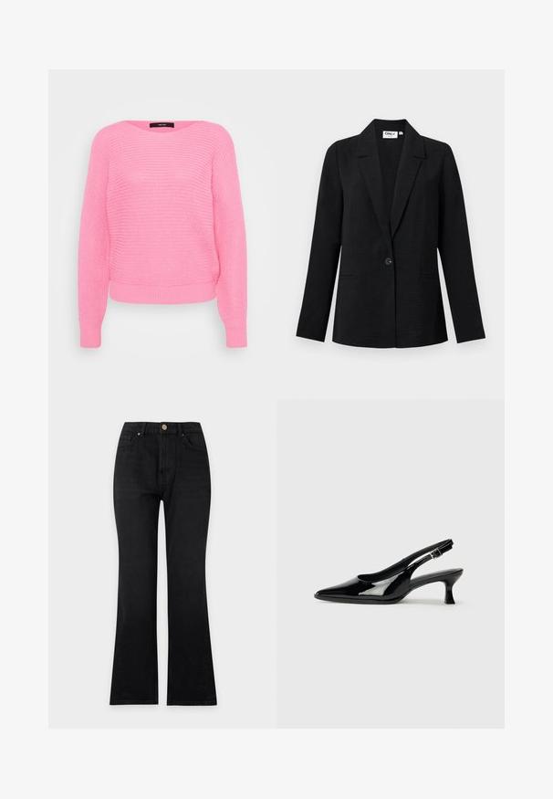 Blazer negro texturizado de un solo botón con solapas con muesca y dos bolsillos frontales de ojal, exhibido sobre un fondo claro.; Suéter de punto rosa con cuello redondo, mangas largas y puños y dobladillo acanalados. Presenta un patrón texturizado y un ajuste relajado.; Vaqueros negros de talle alto con corte de pierna recta, cierre frontal con botones y diseño de cinco bolsillos sobre un fondo liso y claro.; Zapatos de charol negro tipo slingback con punta afilada y tacón bajo. Correa ajustable con hebilla en el tobillo.