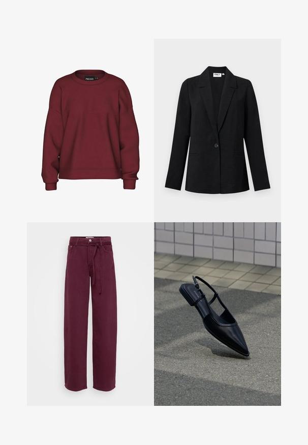 Zwart gestructureerd blazer met één knoop, met notch-revers en twee voorste paspelzakken, afgebeeld tegen een lichte achtergrond.; Bordeaux sweatshirt met een ronde hals, ontspannen pasvorm, lange mouwen, ribgebreide manchetten en een zachte katoenmix textuur. Eenvoudig ontwerp, geen patronen.; Bordeaux wijde benen broek van katoen, met een gestrikte tailleband, twee voorkleppen en een knoopsluiting. Glad van textuur, zonder patronen.; Zwarte platte schoen met puntige neus en slingback, zwevend boven een asfaltoppervlak naast een betegeld trottoir.