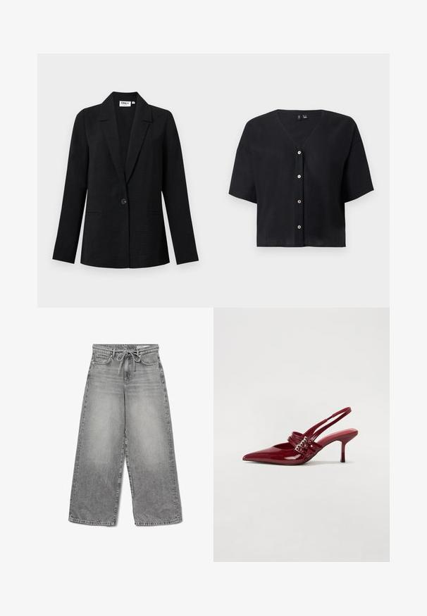 Sort tekstureret enkelknap blazer med hakkede kraver og to forlommer, vist mod en lys baggrund.; Sort kortærmet cropped cardigan med V-hals og fire hvide knapper foran.; Bredde ben grå denim jeans med en falmet finish, snoreliv og traditionelt fem-lomme design, der har synlige syninger.; Røde patenteret læder slingback hæle med spids tå, to spændebånd og en slank, mellemhøj stiletto hæl. Glat tekstur.