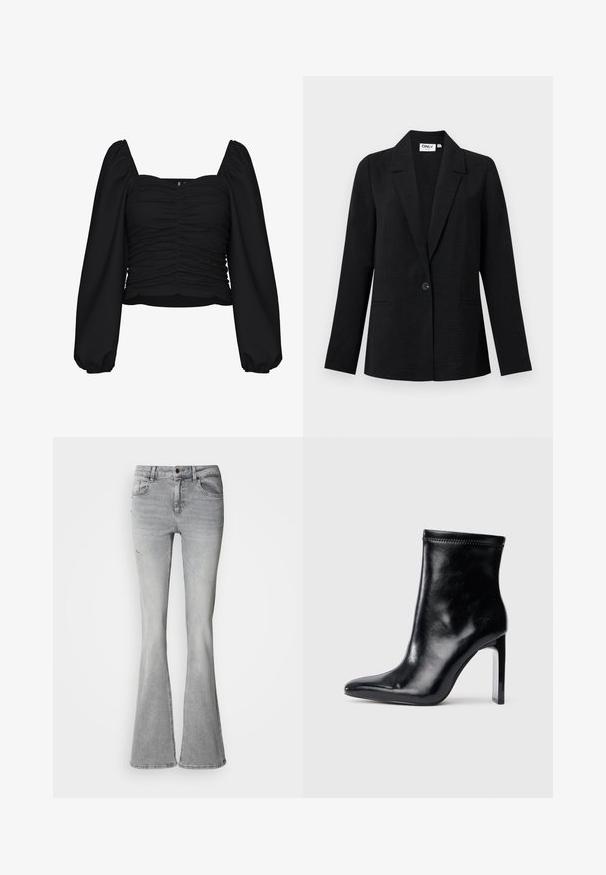 Sort tekstureret enkelknap blazer med hakkede kraver og to forlommer, vist mod en lys baggrund.; Sort cropped bluse lavet af tekstureret stof, med firkantet udskæring, rucheret krop og lange pufærmer med elastiske manchetter.; Grå vidde jeans lavet af denim med høj talje, fem-lomme design og slidte detaljer på forbenene.; Sorte læder ankelstøvle med spidse tæer og høj klar hæl. Glat tekstur og minimal syning på overmaterialet.