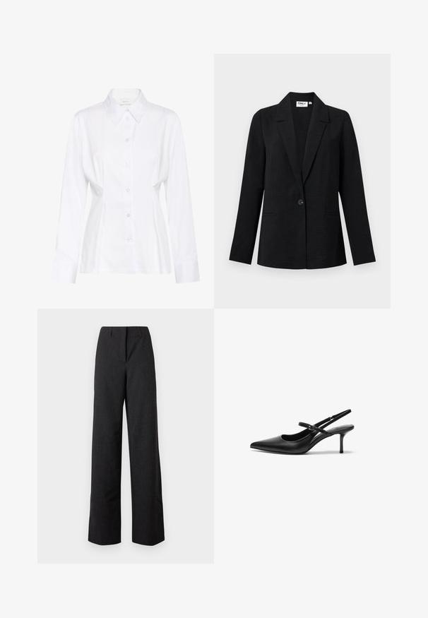 Blazer noir texturé à bouton unique avec revers crantés et deux poches passepoilées à l'avant, présenté sur un fond clair.; Blouse blanche à manches longues avec col pointu, taille cintrée et étiquette de marque visible "Gestuz" à l'intérieur du col.; Pantalon large noir taille haute pour femme, avec une fermeture avant dissimulée et des passants pour ceinture.; Talons aiguilles noires en cuir avec un bout pointu, une fine bride réglable, et un talon aiguille d'environ 5 cm, texture lisse.