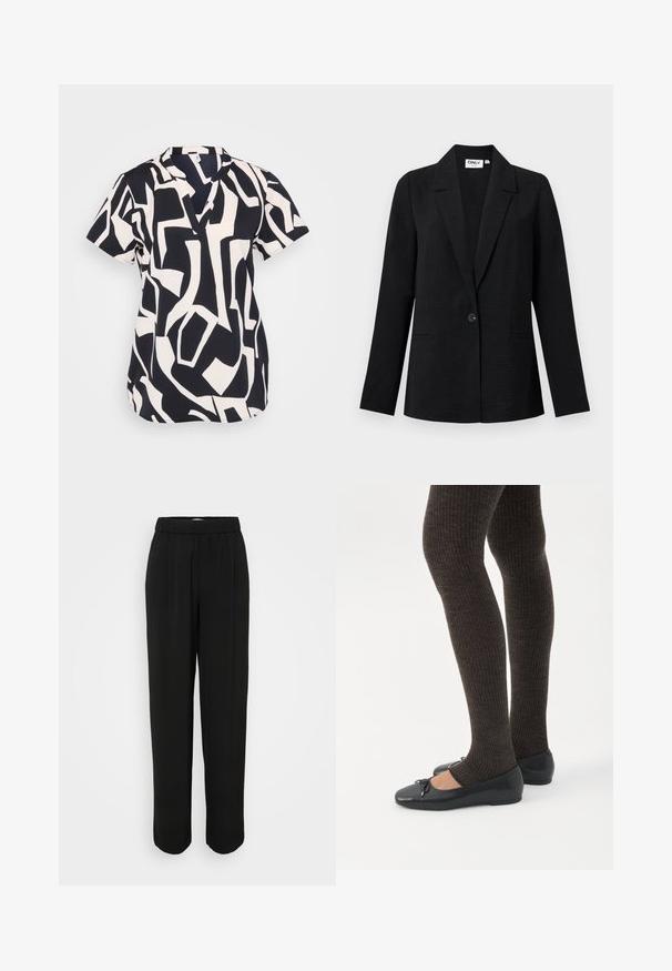 Blazer negro texturizado de un solo botón con solapas con muesca y dos bolsillos frontales de ojal, exhibido sobre un fondo claro.; Blusa de manga corta en azul marino y crema con un patrón geométrico abstracto, con un escote en pico y un corte relajado. Tejido texturizado.; Pantalones negros de corte holgado, con cinturilla elástica y pata recta. Fabricados con una tela suave sin patrones visibles ni elementos metálicos.; Piernas con leggings oscuros acanalados combinados con bailarinas negras que presentan pequeños detalles de lazo sobre un fondo blanco.