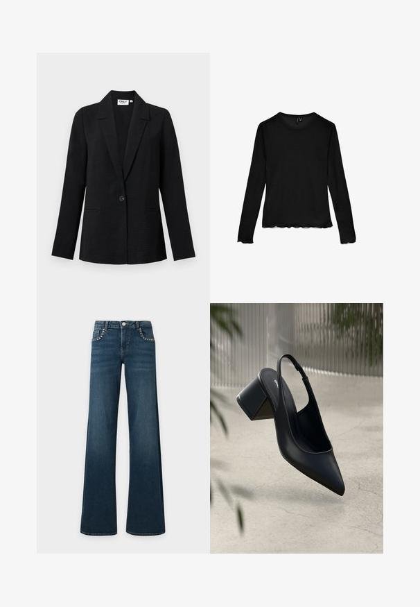 Sort tekstureret enkelknap blazer med hakkede kraver og to forlommer, vist mod en lys baggrund.; Sort langærmet T-shirt med rund hals og bølgede kanter på ærmer og kant, lagt fladt på en hvid baggrund.; Mørkeblå slængbukser med sølvfarvede nitter langs forlommer, knaplukning og bæltestropper, lagt fladt på en hvid baggrund.; Sort læder slingback hæl med spids tå og blokhæl. Glat tekstur, minimalistisk design og justerbar ankelrem.