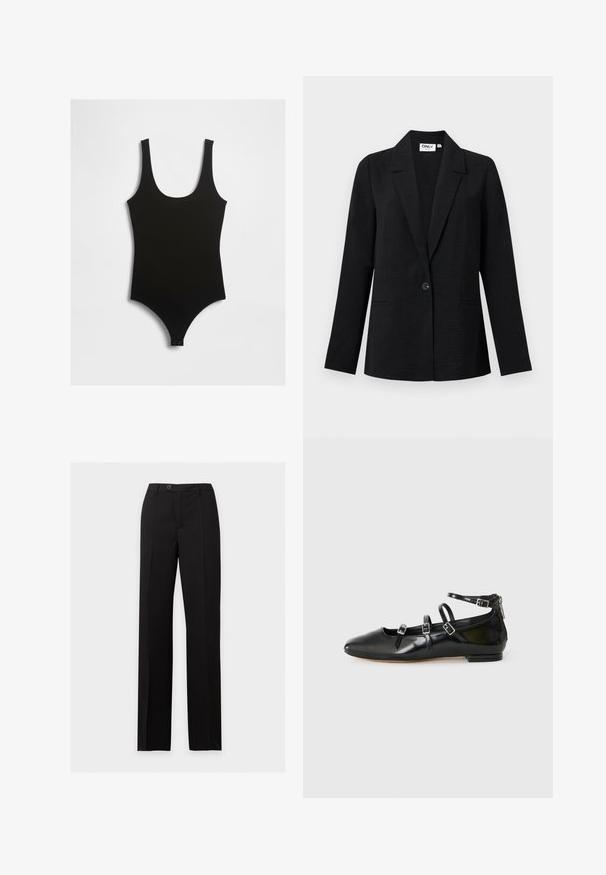 Blazer noir texturé à bouton unique avec revers crantés et deux poches passepoilées à l'avant, présenté sur un fond clair.; Maillot de bain noir avec un décolleté rond, des bretelles fines et une silhouette ajustée. Confectionné en tissu lisse et extensible. Dispose de fermetures à pression au bas.; Pantalon noir droit sur mesure avec fermeture par bouton et zip, poches avant et finition en tissu lisse, résistant aux plis.; ALDO NELTA - Ballerines - black