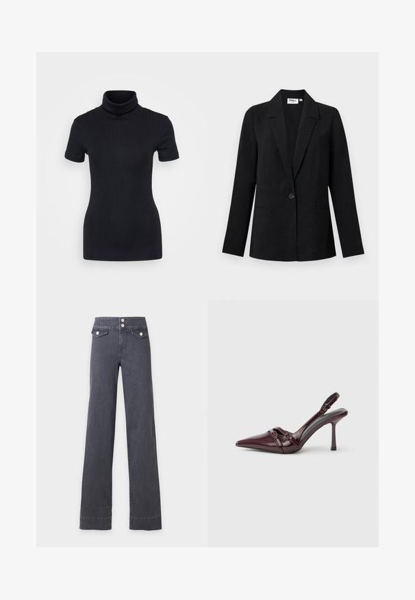 Blazer negro texturizado de un solo botón con solapas con muesca y dos bolsillos frontales de ojal, exhibido sobre un fondo claro.; Top de cuello alto negro con acanalado, de manga corta, diseño ajustado, textura suave, costuras mínimas y un cuello alto.; Vaqueros de tiro alto, gris oscuro, de pierna ancha, con dos bolsillos delanteros con solapa y cierres de botón plateados sobre un fondo liso.; Zapato de tacón slingback de charol burdeos con puntera puntiaguda, fina correa en el tobillo y pequeño detalle decorativo de hebilla. Textura suave y tacón alto.