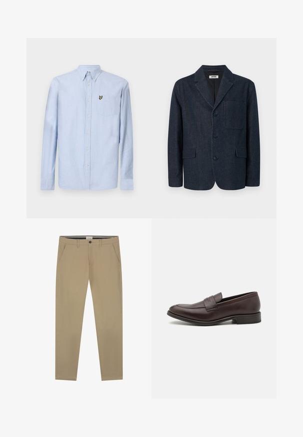 Mørkeblå skræddersyet blazer med tre knapper, notch revers, brystlomme og to forlommer med klap, vist på en hvid baggrund.; Lysblå langærmet skjorte med nedknappet krave, forlommer og broderet logo. Fremstillet af struktureret bomuldsstof.; Beige chinos lavet af glat bomuld, med lige ben-design, en enkelt knaplukning og to sidelommer. Subtile syninger.; Brun læderloafer med en glat overflade, syet detalje på tåen og en lav stablet hæl. Minimalistisk design uden synlig branding.
