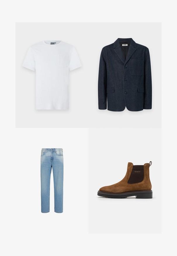 Dunkelblauer, maßgeschneiderter Blazer mit drei Knöpfen, rechtem Revers, Brusttasche und zwei vorderen Pattentaschen, dargestellt auf weißem Hintergrund.; Weißes Baumwoll-T-Shirt mit kurzen Ärmeln, Rundhalsausschnitt und einer kleinen Brusttasche. Weicher Stoff und minimalistisches Design.; Hellblaue Jeans mit geradem Bein, Vordertaschen, Gürtelschlaufen und Knopfleiste, vor weißem Hintergrund präsentiert.; Braune Wildleder-Ankle-Boots mit einer abgerundeten Zehe und elastischen seitlichen Einsätzen. Verfügt über ein schwarzes, strukturiertes Akzent und eine Zuglasche auf der Rückseite. Schwarze Sohle.