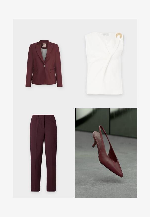 Donker bordeauxrode damesblazer met één knoop, op maat gemaakt, met ingesneden revers en voorzakken met kleppen, afgebeeld op een effen achtergrond.; Mouwloze witte blouse met een wikkelontwerp, voorzien van een decoratieve ring in goudkleur op de rechter schouder.; Bordeauxrode rechte broek met een gladde textuur, voorzien van een vlakke voorkant en zonder zichtbare zakken. Op maat gemaakt ontwerp met een klassieke pasvorm.; Bordeaux leren slingback kitten heel met spitse neus, zwevend boven een grijze textuur op de voorgrond van een donkergroene muur.