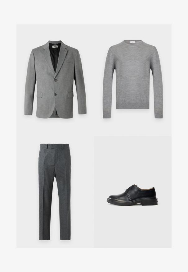 DRYKORN YAMES - Sakko - grey; Hellgrauer Langarm-Pullover mit Rundhalsausschnitt aus feinem Strickstoff, mit gerippten Bündchen und Saum, präsentiert vor schlichtem weißem Hintergrund.; Graue maßgeschneiderte Hose mit feinem Karomuster, geradem Schnitt und glatter Stoffoberfläche. Mit Gürtelschlaufen und Reißverschluss. ; Schwarze Leder-Oxfords mit runder Zehenpartie, Schnürung an der Vorderseite und niedrigem, gestapeltem Absatz vor einem schlichten, hellen Hintergrund.