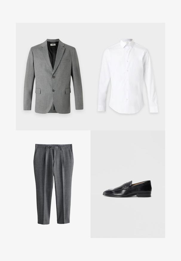 DRYKORN YAMES - Blazere - grey; Hvid skjorte med lange ærmer og knapper med en klassisk krave, vist mod en ensartet lys baggrund.; Grå skræddersyede herrebukser med frontknap og lynlås, sidelommer og lige ben pasform.; Sorte læderslipper med en glat overflade, spidse tæer og subtil stikningsdetalje. Har en flad hæl og prægede logo på siden.