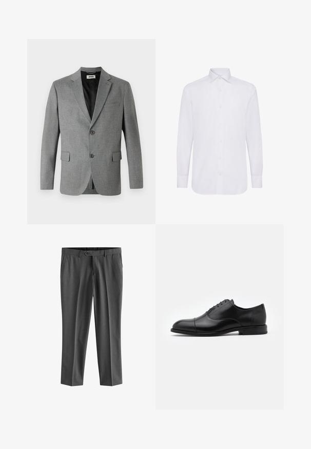 DRYKORN YAMES - Blazere - grey; Hvid langærmet skjorte med klassisk krave, knaplukning og lige søm. Lavet af glat bomuldsstof.; Next REGULAR FIT - Habitbukser - charcoal grey; Sorte læderdress sko med rund tå, snørebåndsdesign og diskrete syninger. Har en lav hæl og glat tekstur.