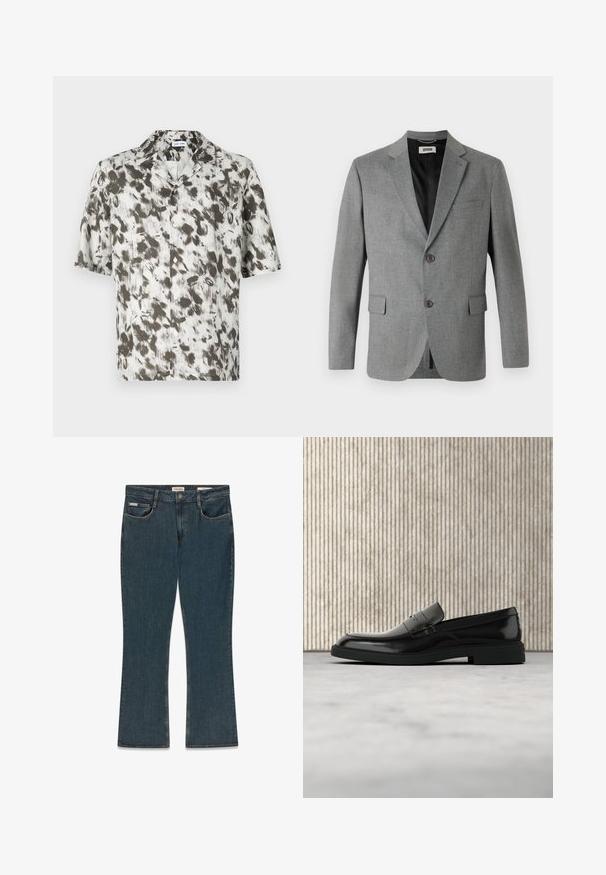 DRYKORN YAMES - Sakko - grey; Kurzärmliges Hemd mit Knöpfen aus leichtem Stoff, mit weißem Grund und abstraktem Muster in Schwarz und Grau sowie einem Reverskragen.; Dunkelblaue Jeans mit geradem Bein, vorne mit Knopf- und Reißverschluss, zwei Vordertaschen und einem kleinen Logoschild an der rechten Tasche.; Schwarzer, polierter Lederloafer, der über einem beigen Teppich schwebt, mit orangener, durchscheinender Möbel im Hintergrund.