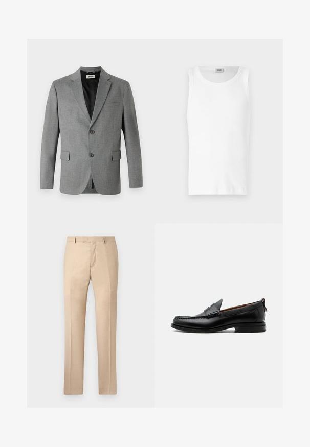 DRYKORN YAMES - Americana - grey; Camiseta sin mangas de algodón blanco con cuello redondo y una textura suave. Diseño sencillo, sin patrones ni acentos.; Pantalones beige ajustados con una textura suave, frente plano y piernas rectas. Presentan trabillas para el cinturón y una cremallera oculta.; Mocasín de hombre de piel negra con costura moc toe, tira penny, cuello texturizado y tacón bajo apilado sobre fondo blanco.