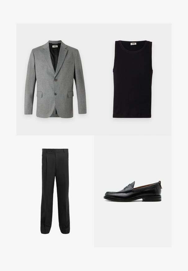 DRYKORN YAMES - Blazere - grey; Sort sansædet tanktop lavet af blød bomuld. Har en rund halsudskæring og lige pasform, med minimal syningdetalje.; Sorte bukser med lige ben, der har plisseringer, en enkelt knaplukning og bæltests. Fremstillet af glat stof.; Sort læder herre loafer med moc-tå syning, penny strop, struktureret krave og lav stablet hæl på hvid baggrund.