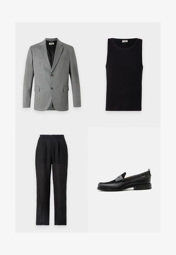 DRYKORN YAMES - Americana - grey; Top sin mangas negro hecho de algodón suave. Cuenta con un escote redondeado y un corte recto, con detalles de costura mínimos.; Pantalones negros de pliegues con una tela texturada y con patrón. Presentan una cintura elástica y cierre de botón, diseño de pierna recta.; Mocasín de cuero negro con detalle de tira gris, tacón bajo y suela texturizada, con la marca "HUGO" en oro en el lateral.
