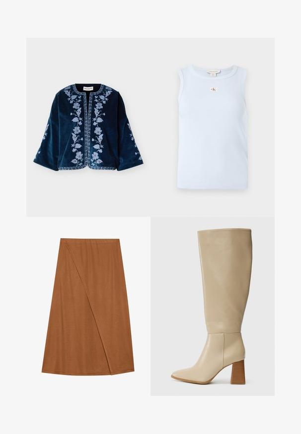 Veste en velours bleu marine à manches larges, ornée de broderies florales bleu clair sur le devant, les manches et les bords, sans col et ouverte sur l'avant.; Haut sans manches bleu clair en tissu côtelé, avec un col rond et une petite étiquette logo CK à l'avant.; Jupe enroulée marron, mi-longue, en tissu doux. Caractérisée par un design asymétrique avec un détail de couture sur le côté et une texture lisse.; Botte en cuir beige haute jusqu'au genou avec un bout pointu, un talon bloc texturé et une surface lisse. Détail de couture à la cheville et en haut de la tige.