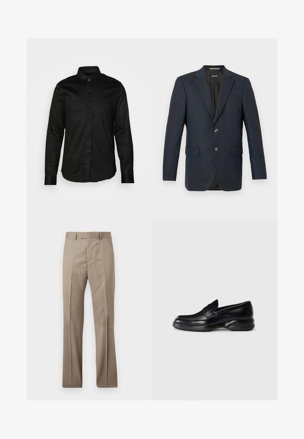 Blazer navy hecho de tela texturizada, con cierre de dos botones, solapas con muesca y dos bolsillos frontales con un sutil patrón interior.; Camisa negra de manga larga hecha de tejido suave, con cuello, cierre de botones en la parte delantera y puños en contraste. Sin patrones ni gráficos visibles.; Pantalones beige para hombre, de corte entallado, con finas rayas verticales, trabillas para cinturón y cierre frontal con cremallera.; Mocasines de piel negra con una suela de goma texturizada y baja, y un diseño de costura en la parte superior. Presenta una punta redondeada y mínimas ornamentaciones.