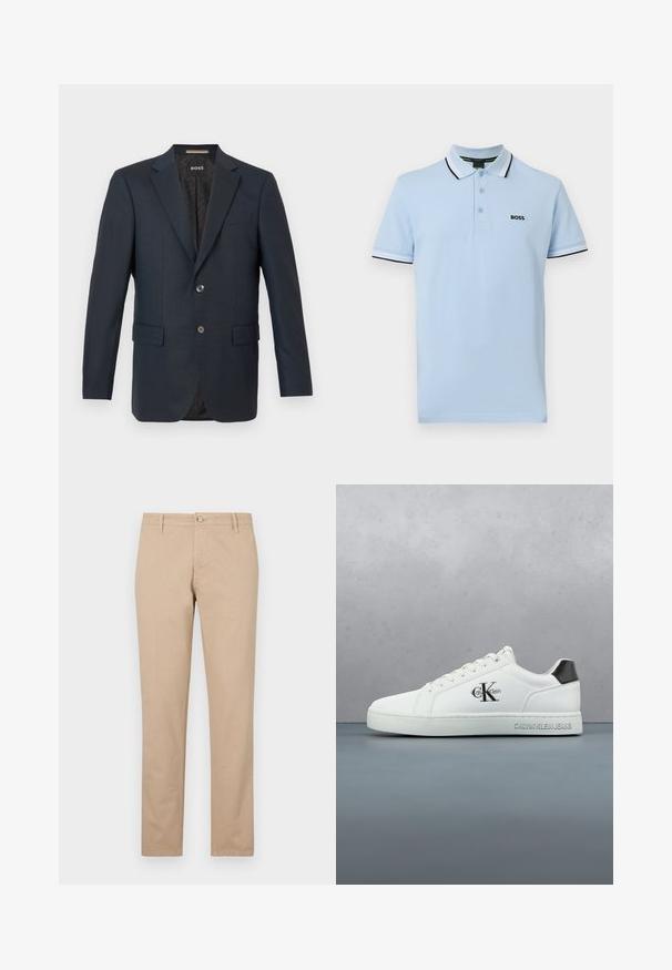 Marineblazer aus strukturiertem Stoff, mit einem Zwei-Knopf-Verschluss, Reverskragen und zwei Fronttaschen mit einem dezenten Innenmuster.; Hellblaues kurzärmliges Poloshirt mit schwarz-weißem Besatz an Kragen und Ärmeln, drei Knöpfen und dem "BOSS"-Logo auf der Brust.; Beige Baumwollhosen mit geradem Bein, ausgestattet mit einem vorderen Knopfverschluss, seitlichen Taschen und subtilen Texturdetails.; Weißer Ledersneaker mit glatter Oberfläche, Schnürdesign, abgerundeter Spitze und kontrastierendem schwarzem Fersenakzent. Die Gummisohle sorgt für Griffigkeit.