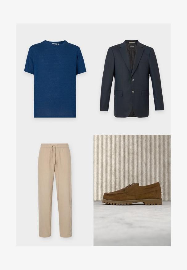 Blazer marine en tissu texturé, doté d'une fermeture à deux boutons, de revers crantés et de deux poches avant avec un motif intérieur subtil.; T-shirt uni bleu marine à manches courtes, col rond, coupe régulière, présenté sur un fond gris clair.; Pantalon beige à taille élastique avec cordon de serrage, jambes droites et poches latérales, présenté sur un fond blanc uni.; Chaussure à lacets en daim marron avec semelle épaisse et striée flottant au-dessus d'un tapis beige, avec une table ovale marron en arrière-plan.