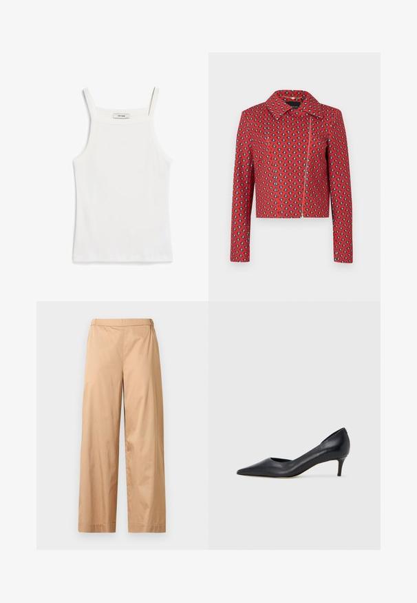 Rode jas met een diamantenpatroon, kraag, lange mouwen en een ritssluiting aan de voorkant. Gladde stoftextuur.; Witte tanktop met dunne banden, gemaakt van ribkatoenen stof, met een rechte halslijn en een nette afwerking aan de zoom.; Beige broek met wijde pijpen, hoge taille, platte voorkant en rechte zoom, weergegeven tegen een effen lichtgrijze achtergrond.; Zwarte leren pump met een puntige neus en lage hak. Heeft een gladde textuur en een subtiele glans. Open uitsparing aan de voorkant voor extra detail.