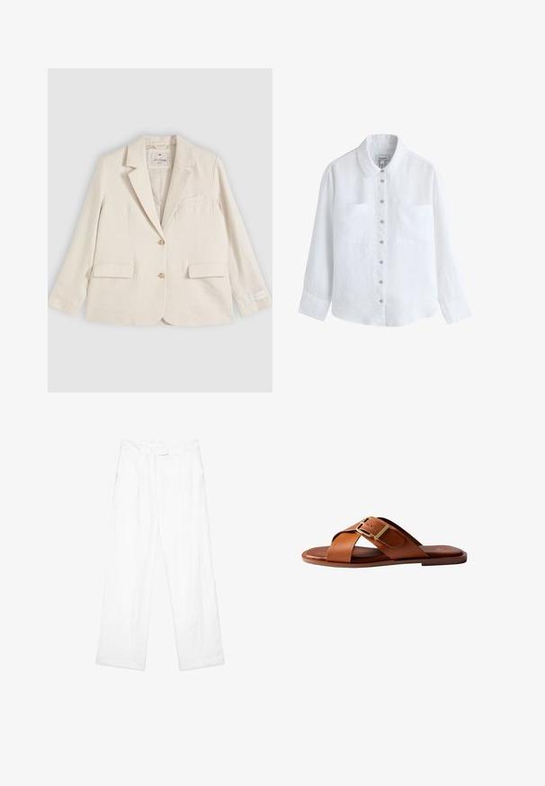 Blazer entallado de un solo pecho color crema con solapas con muesca, dos bolsillos delanteros con solapa, bolsillo en el pecho y dos botones al frente.; Camisa blanca de manga larga con botones, con dos bolsillos en el pecho, cuello clásico y botones visibles en la parte delantera.; Pantalones de lino blancos con un ajuste holgado, que presentan un diseño de pierna recta, bolsillos frontales y una cintura plana. Textura suave en todo el tejido.; Sandalia tipo slide de cuero marrón con tiras cruzadas y una hebilla dorada en una suela plana, vista de lado sobre un fondo blanco.