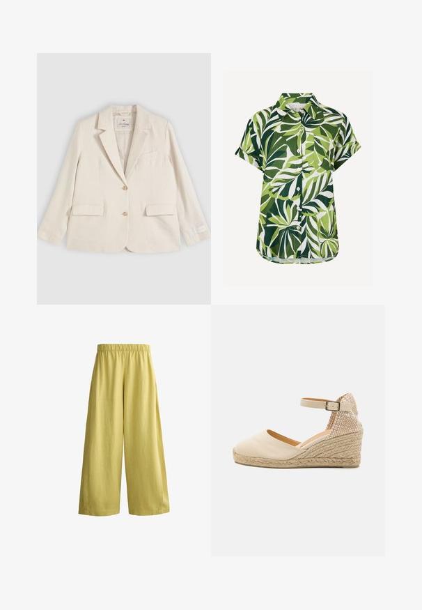 Blazer crème à simple boutonnage avec revers à encoche, deux poches avant à rabat, une poche poitrine et deux boutons sur le devant.; Chemise à manches courtes boutonnée avec motif de feuilles tropicales vertes et blanches et une poche poitrine, présentée sur fond blanc.; Pantalon ample à jambes larges de couleur jaune moutarde avec une taille élastique, présenté sur un fond blanc.; Espadrille en toile beige à talon compensé, avec un panneau arrière texturé, une bride autour de la cheville et une semelle en jute tressé. Bout arrondi et talon plat.