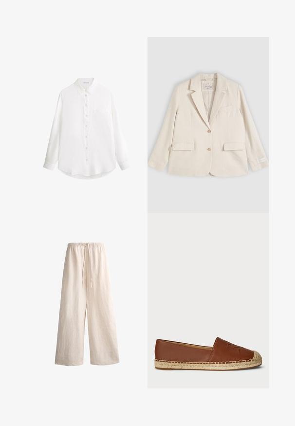 Blazer crème à simple boutonnage avec revers à encoche, deux poches avant à rabat, une poche poitrine et deux boutons sur le devant.; Chemise blanche à manches longues avec col et poche poitrine, présentée à plat sur un fond blanc.; Pantalon large en lin beige avec taille élastique et cordon de serrage, coupe ample adaptée à une tenue décontractée.; Espadrille plate en cuir marron avec une semelle en jute tressé, bout rond et détail embossé sur le dessus. Texture lisse avec un design cohérent.