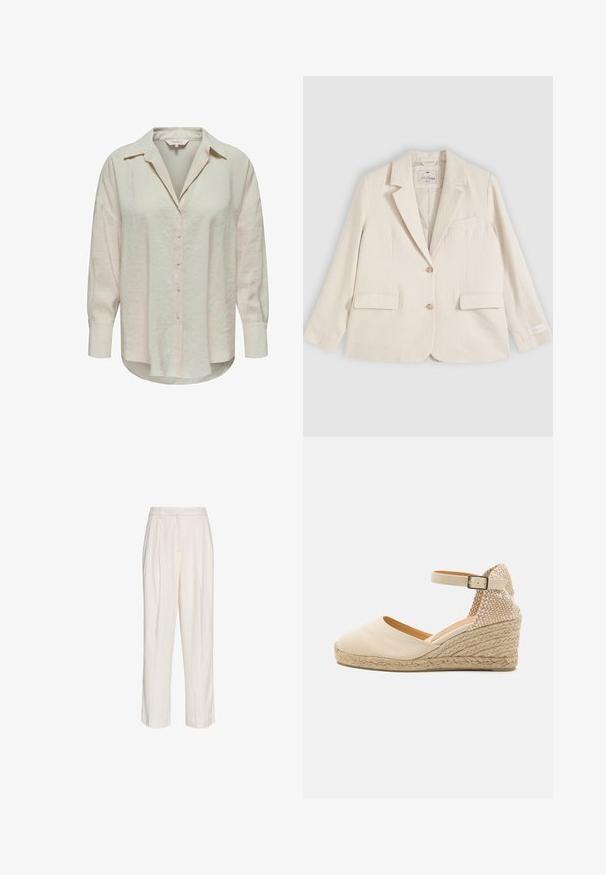 Kremfarvet enkeltknappet blazer med hakkede revers, to frontlommer med klap, brystlomme og to knapper foran.; Lys beige skjorte med knapper og krave, lange ærmer og et let struktureret stof. Har en buet kant og knapper foran.; Højtaljede hvide skræddersyede bukser med plisseringer, bæltestropper og lige ben, vist på en ensfarvet hvid baggrund.; Beige lærred wedge espadrille med et tekstureret bagpanel, ankelrem og flettet jute sål. Rund tå og flad hæl.