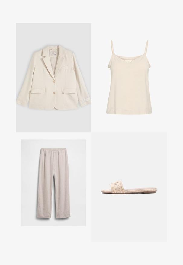 Blazer crème à simple boutonnage avec revers à encoche, deux poches avant à rabat, une poche poitrine et deux boutons sur le devant.; Camisole beige clair en tissu doux, avec de fines bretelles réglables et un décolleté en V, offrant une coupe légèrement décontractée.; Pantalon ample beige clair avec taille élastique, jambes droites et sans poches visibles, présenté à plat sur fond blanc.; Sandale plate beige avec bride tissée texturée et semelle, présentant un design minimaliste et un talon bas.