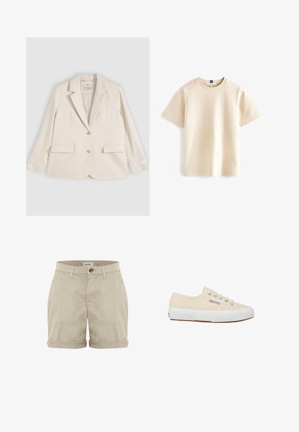 Kremfarvet enkeltknappet blazer med hakkede revers, to frontlommer med klap, brystlomme og to knapper foran.; Beige kortærmet t-shirt lavet af blødt bomuld, med rund halsudskæring og en afslappet pasform med subtil tekstur.; Beige bomuldsshorts med oprevet kant, med en frontknaplukning og syede lommer. Glat tekstur med minimal dekoration.; Canvas sneakers i beige med en hvid gummisål, fem sølvøjer og et lille rødt og blåt logo på siden. Teksturér overflade.