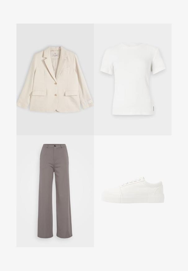 Kremfarvet enkeltknappet blazer med hakkede revers, to frontlommer med klap, brystlomme og to knapper foran.; Hvid ribbet kortærmet t-shirt med rund halsudskæring. Blød tekstur, tætsiddende design og minimale syninger.; Bredde bukser i et blødt gråt stof. Har en knaplukning og rene sømme. Glat tekstur uden synlige mønstre eller udsmykninger.; Hvide lærreds sneakers med en tykk, hvid gummisål, der har en rund tå og et klassisk snørebånddesign med fem øjekroge.