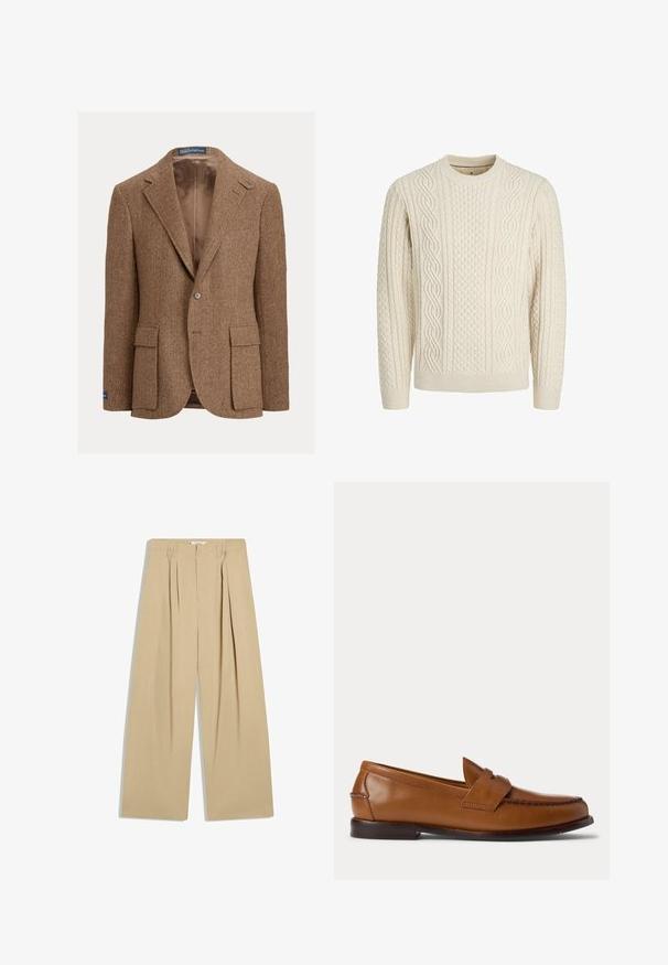 Brauner Herringbone-Blazer mit Zwei-Knopf-Verschluss, Kerbkragen und seitlichen Pattentaschen. Gefüttertes Innenfutter mit glatter Textur.; Cremfarbener Kabelstrickpullover mit langen Ärmeln, Rundhalsausschnitt und komplizierten geflochtenen und honigwabenartigen Strickmustern.; Beige, weit geschnittene Hose mit Falten vorne, Gürtelschlaufen und hohem Bund, flach auf weißem Hintergrund dargestellt.; Brauner Leder-Penny-Loafer mit niedrigem Absatz und gesteppten Details an Vorder- und Seitenpartien, seitlich auf weißem Hintergrund dargestellt.