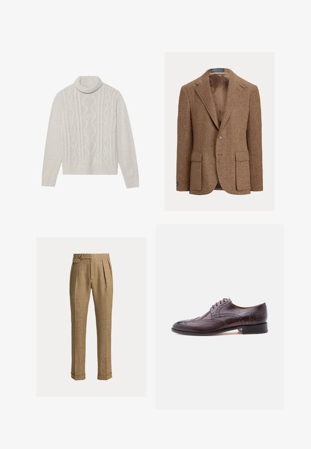 Brun blazer i fiskebenmønster med to-knapslukning, hakrivningskraver og sidelommer med lapper. Foret indvendigt med en glat tekstur.; Cremefarvet kabelstrikket sweater med høj ribkant, prydet med et struktureret mønster samt ribbede manchetter og kant. Blødt uldblend materiale.; Brune ternede bukser med høj talje, plisseringer, sidelommer, knaplukket sidelukning, manchetter og skræddersyede lige ben.; Brun lædersko til kjole med brogue-detaljer, rund snude, seks snørehuller og en lav stacket hæl. Glat finish med kontrasterende detaljer.