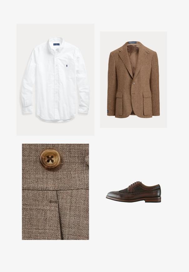 Brun blazer i fiskebenmønster med to-knapslukning, hakrivningskraver og sidelommer med lapper. Foret indvendigt med en glat tekstur.; Hvid skjorte med lange ærmer, knapper og krave, med lille mørkt logo på venstre bryst, lagt fladt på en lys baggrund.; Brun tekstureret stof med en fremtrædende rund knap med et krydsmønster i midten og en lille lomme nedenfor.; Mørkebrun læder wingtip brogue sko med dekorative perforeringer, snørelukning og træsål med lagdelt hæl.