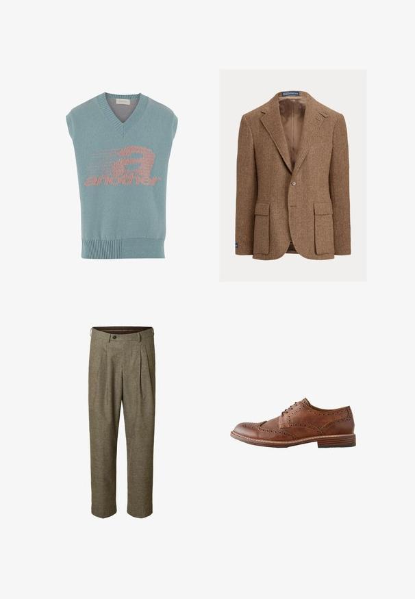 Brun blazer i fiskebenmønster med to-knapslukning, hakrivningskraver og sidelommer med lapper. Foret indvendigt med en glat tekstur.; Lyseblå ærmeløs strikvest med V-hals, prydet med et pink grafisk design med ordet "another" og et hastighedsmotiv. Ribbet kant.; Brune bukser med ternet mønster, plisseret front, sidelommer, linning med bæltestropper og knaplukning.; Brun læder herre wingtip oxford sko med brogue-detaljer og stablet træsål, vist i sideprofil på hvid baggrund.