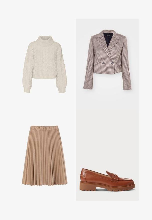 Veste courte à motif à carreaux avec un mélange de couleurs rouges, blanches et bleu marine. Dispose d'un col châle, de boutons doubles et de manches longues.; Vero Moda Knitted VMDREAM Knitted - Pullover - birch; Jupe plissée en tissu beige doux ; elle dispose d'une taille élastique et d'un design fluide avec des plis étroits et réguliers partout.; Mocassins en cuir marron avec un design à bout mocassins, coutures visibles et une semelle en caoutchouc épaisse et texturée. Accent en métal doré.