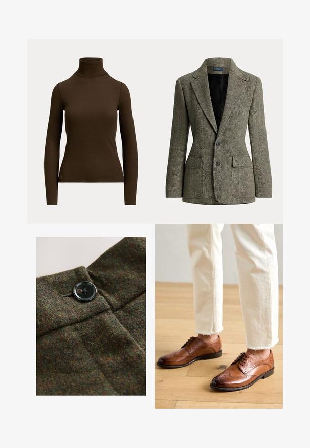 Skræddersyet fiskebenet blazer i sort og hvid med notched revers, to knapper og frontlommer med klap, foret med sort stof.; Mørkebrunt langærmet ribstrikket polotrøje med tætsiddende silhuet og lille logo nær den nederste kant foran på venstre side.; Uldstof i mørkegrøn med flerfarvede prikker, med en sort lukning med fire knapper og syningsdetaljer.; Brune læder brogue sko med perforerede detaljer, rund tå og en glat overflade, parret med cremede bukser med frynset kant.